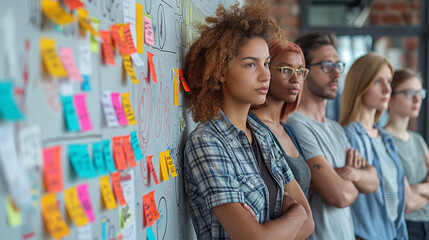 A creative brainstorming session with sticky notes on a whiteboard.