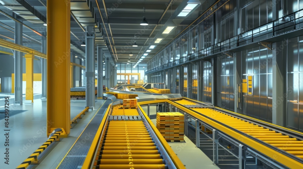 Poster material handling depicted by automated systems moving and sorting goods in a warehouse