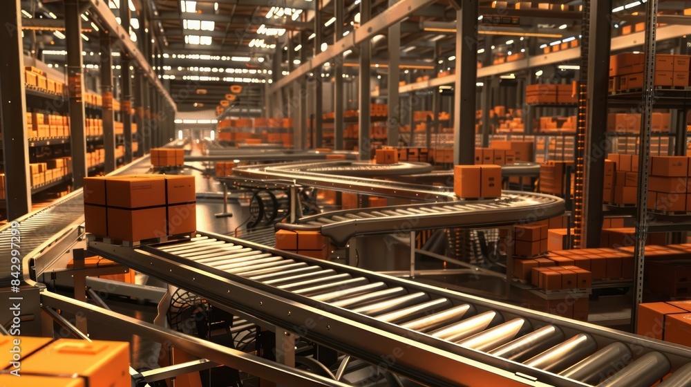 Poster material handling depicted by automated systems moving and sorting goods in a warehouse