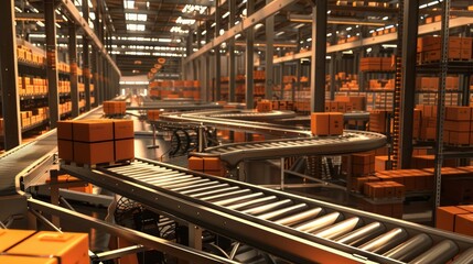 Fototapeta premium Material handling depicted by automated systems moving and sorting goods in a warehouse