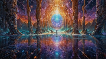 A lone figure stands before a surreal, cosmic gateway with towering structures, vibrant colors, and a reflection on a serene surface, evoking a sense of awe and exploration