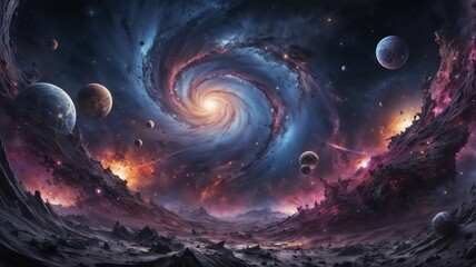 A mesmerizing depiction of a cosmic landscape with swirling galaxies, multiple planets, and vibrant nebulas in the background