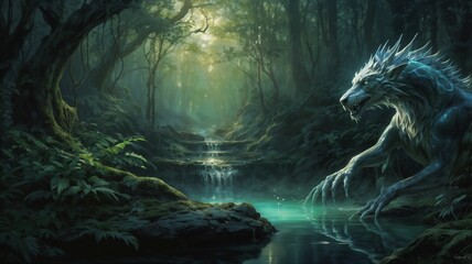A mystical creature stands by a serene forest stream, surrounded by lush vegetation and dappled sunlight, creating an enchanting and magical scene
