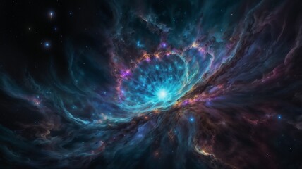 A mesmerizing view of a vibrant, swirling cosmic nebula with glowing stars, capturing the beauty and mystery of the universe