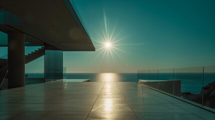 a view of the ocean from a house with a glass railing