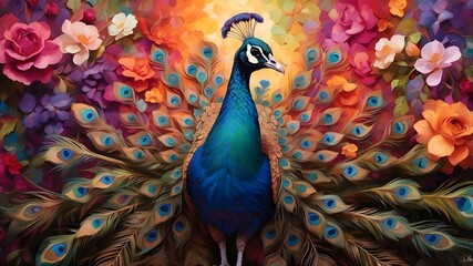 "In a garden filled with a rainbow of flowers, a regal peacock twirls and spins, its feathers fanning out in a stunning array of colors and patterns."