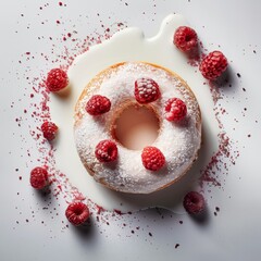 a donut with raspberries on top of a white background