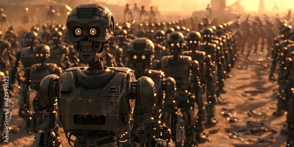 Poster evil robot army in postapocalyptic setting with diverse composite elements. concept postapocalyptic,
