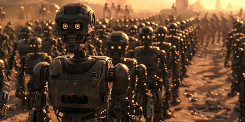 Evil robot army in postapocalyptic setting with diverse composite elements. Concept Postapocalyptic, Evil Robots, Diverse Elements, Sci-Fi, Composite Art