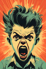 vintage style illustrated angry kid, kid yelling around being angry vintage illustration