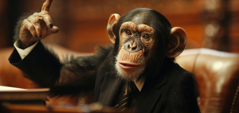Business monkey in suit. Funny chimpanzee wearing a suit and tie pointing his finger, perfect for business and humor concepts.