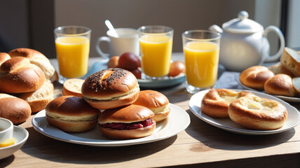 Wake Up to a Breakfast Spread with Sweet Rolls, Hash, Pickled Herring, and Strong Tea, Generative AI
