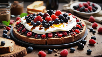 Morning Spread: Enjoy a Breakfast with Dark Bread, Smoked Ham, Cheese, and Fresh Berries, Generative AI