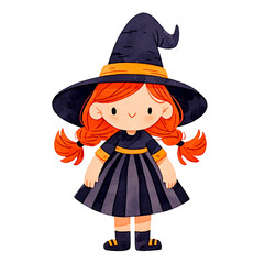 Halloween flying little witch. Girl kid in Halloween costume flies with black cat and pumpkin lantern. Isolated PNG