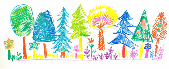 childs crayon drawing of trees, scribble marks and pencil marks visible on white paper background