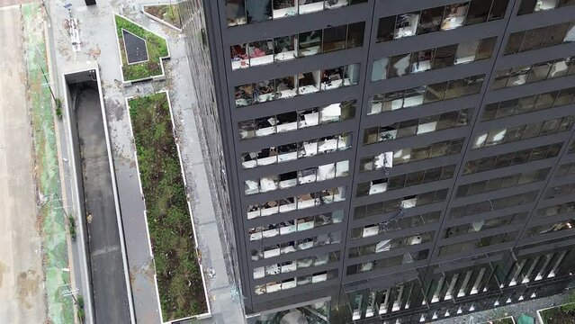 Damage to buildings in downtown Houston following a tornado outbreak in SE Texas in May 2024.