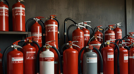 Fire extinguishers on a fire background. Various types and different sizes of extinguishers, Generative.AI