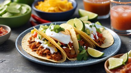 Fototapeta premium Tex-Mex Morning Fiesta: Spice Up Your Morning with Tex-Mex Favorites like Breakfast Tacos, Chilaquiles, Salsa, and a Margarita Mocktail, Generative AI