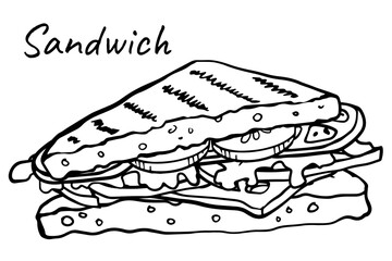 Triangle Sandwich sketch doodle Vector outline illustration with ham, lettuce, cucumber, cheese, tomato. Hand drawing Restaurant business concept for poster, flyer, card, menu, banner, coloring book.