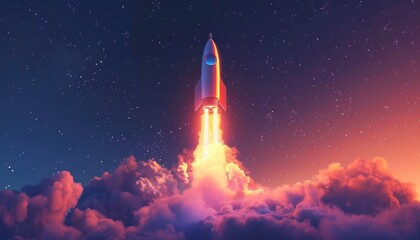 rocket flies towards outer space with a trail of fire and smoke