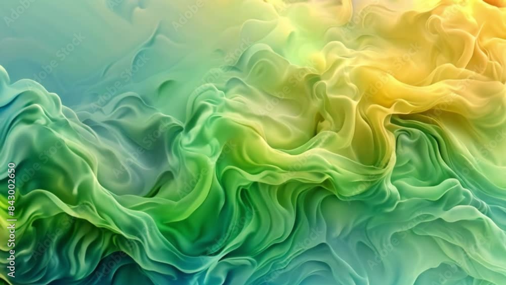 Poster a close-up image of a soft, green and yellow fabric draped in flowing folds, creating a sense of mov