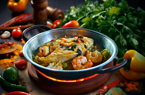 Moqueca, a traditional Brazilian dish with badejo fish and large shrimp, Badejo
