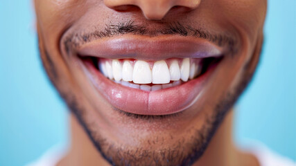 Fototapeta premium Close up white masculine teeth, healthy man smile mouth. Dental clinic patient, teeth whitening illustration, healthy gums banner, stomatology ad concept, space for your text.