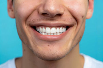 Fototapeta premium Close up white masculine teeth, healthy man smile mouth. Dental clinic patient, teeth whitening illustration, healthy gums banner, stomatology ad concept, space for your text.