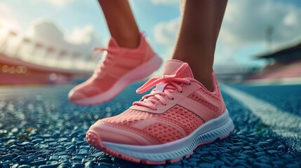 Pink trainers worn by a woman at the stadium track, reflecting an active and stylish lifestyle