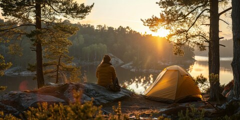 Peaceful camping morning with solitary person near yellow tent, backdropped by golden sunrise, evergreen trees, & tranquil lakeside view.