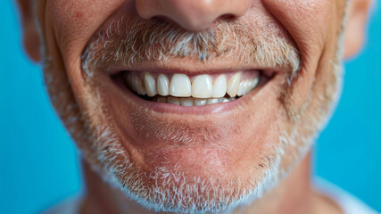 Obraz premium Close up white masculine teeth, healthy man smile mouth. Dental clinic patient, teeth whitening illustration, healthy gums banner, stomatology ad concept, space for your text.