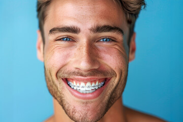 Obraz premium Close up white masculine teeth with braces, healthy man smile mouth. Dental clinic patient, correction bite illustration, teeth straight row, stomatology orthodontist ad concept, space for your text.