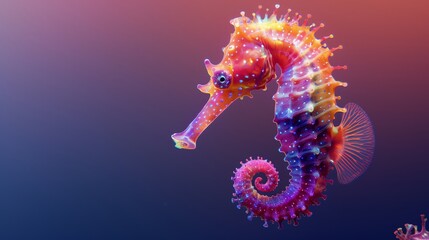 Vibrant 3D Seahorse With Spiral Tail And Glowing Spines Floating Near Coral In Blue And Pink Gradient Ocean Background