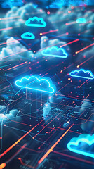 luminous cloud icons connect on digital blue landscape tech security concept. generative ai