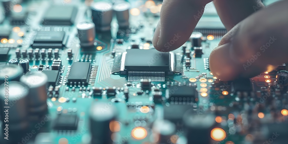 Poster macro photo of microchip circuit board being installed by human finger. concept macro photography, t