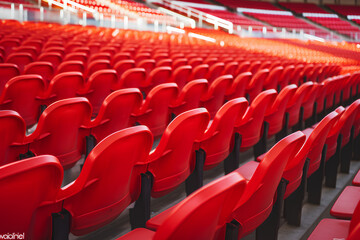Naklejka premium Football stadium with empty seats. Outstanding empty red plastic chair at soccer arena. Row of unoccupied bench at sports stadium