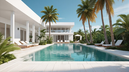 Resort Retreat Banner: Transport Yourself to a Tropical Paradise with a Gorgeous Pool Scene Featuring a Palm Tree and White Architecture, Generative AI