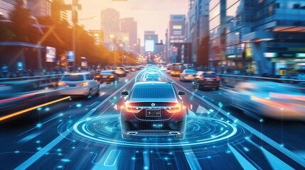 digital futuristic car driving on a city street with holograms and virtual data connection lines smart vehicle concept. High speed road in motion with cars at sunset