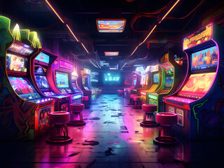 illustrated neon light arcade centre gaming, gaming centre for arcade games
