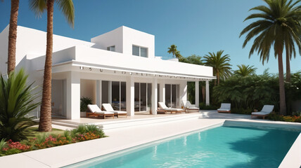 Fototapeta premium Tranquil Poolside Banner: Find Tranquility by the Poolside with a Beautiful View of a Palm Tree and White Building, Ideal for Summer Travel, Generative AI