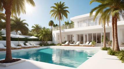 Fototapeta premium Sunny Resort Scene: Bask in the Sunshine with a Radiant Poolside Scene Featuring a Palm Tree and White Architecture, Generative AI