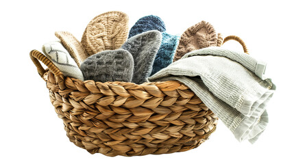 Obraz premium woven basket filled with kitchen linens such as tea towels and oven mitts