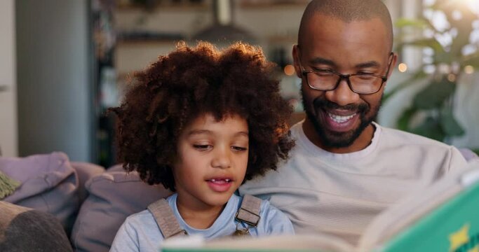 Home, father and boy reading book, smile and storytelling with love, happiness and bonding together. Family, single parent and man with kid, son or childhood development with learning and chatting