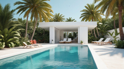 Fototapeta premium Summer Haven Banner: Discover Your Haven of Relaxation with a Stunning Pool Scene Highlighting a Palm Tree and White Structure, Generative AI