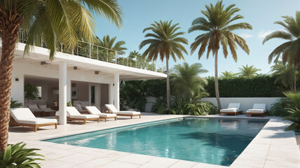 Fototapeta premium Summer Haven Banner: Discover Your Haven of Relaxation with a Stunning Pool Scene Highlighting a Palm Tree and White Structure, Generative AI