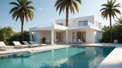 Fototapeta premium Palm Poolside Getaway: Plan Your Ultimate Poolside Getaway with a Scenic View of a Palm Tree and White Building, Generative AI