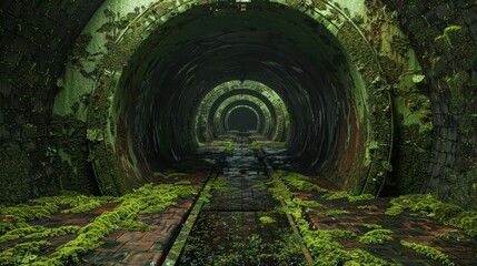 Naklejka premium A tunnel is shown in a green color with a lot of moss growing on the walls