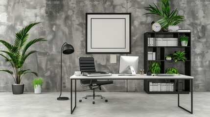 Modern office with minimalist design, featuring desk, chair, computer, bookshelf, and plants against concrete wall for professional workspace.