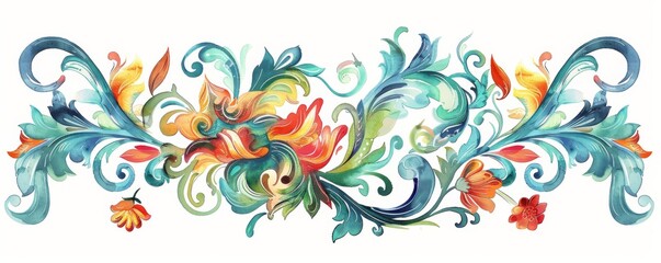 Colorful watercolor floral arabesque ornament made of leaves and flowers