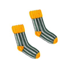 Watercolor drawing of pair patterned socks isolated on white background. Hand drawn illustration of knitted object of yellow and gray color. Cozy homemade warm winter socks illustration. Handmade eco